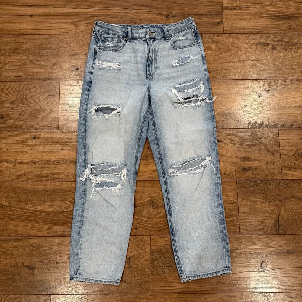 American Eagle Womens Distressed Mom Jeans Straight Blue Denim Sz 8